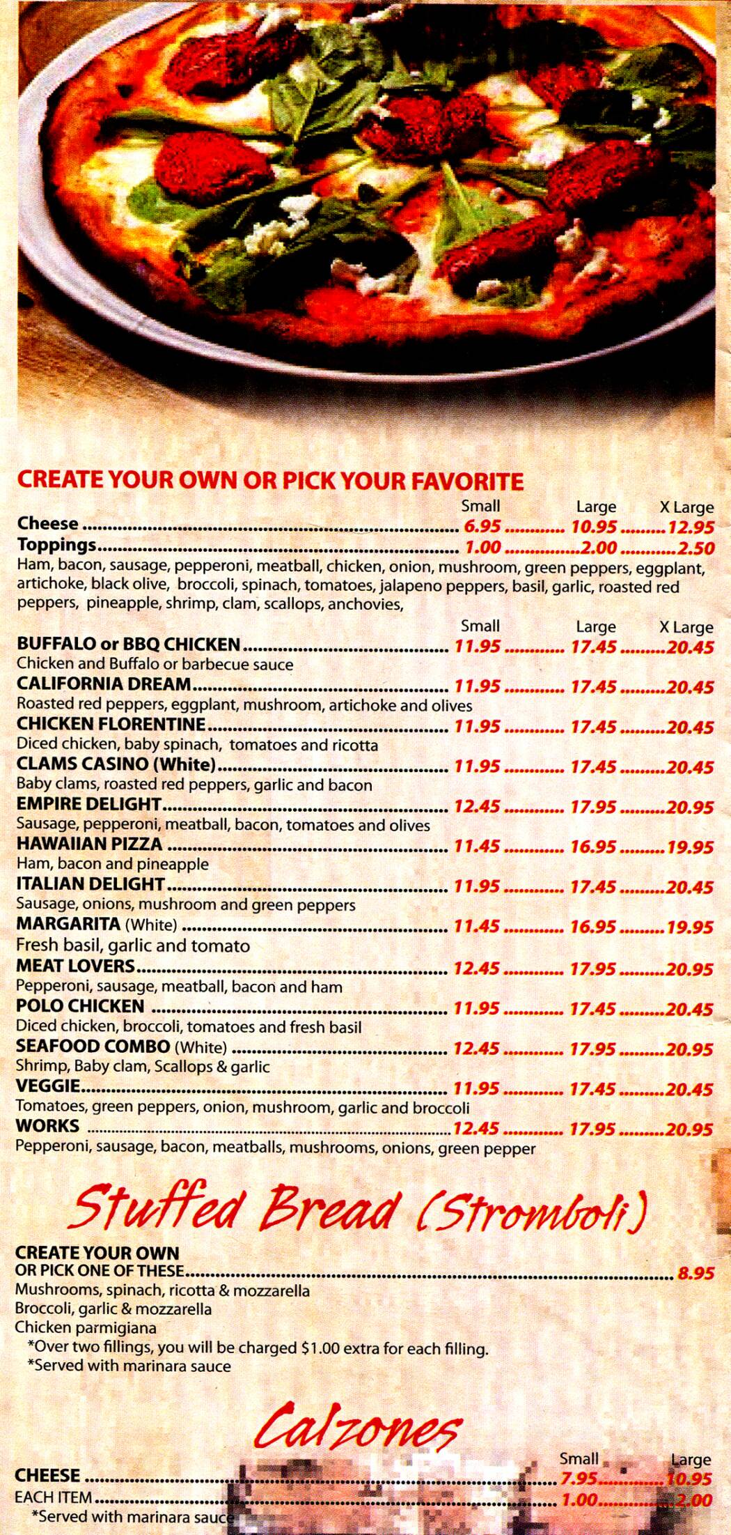 Our pizza menu at Empire Pizza, Plainville, CT