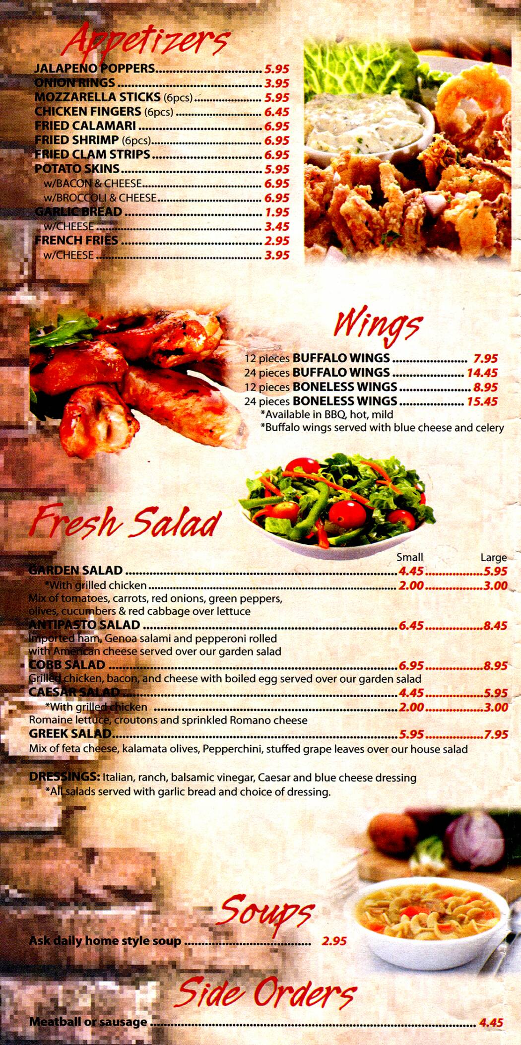 Appetizers, wings and salads on the menu at Empire Pizza, Plainville, CT