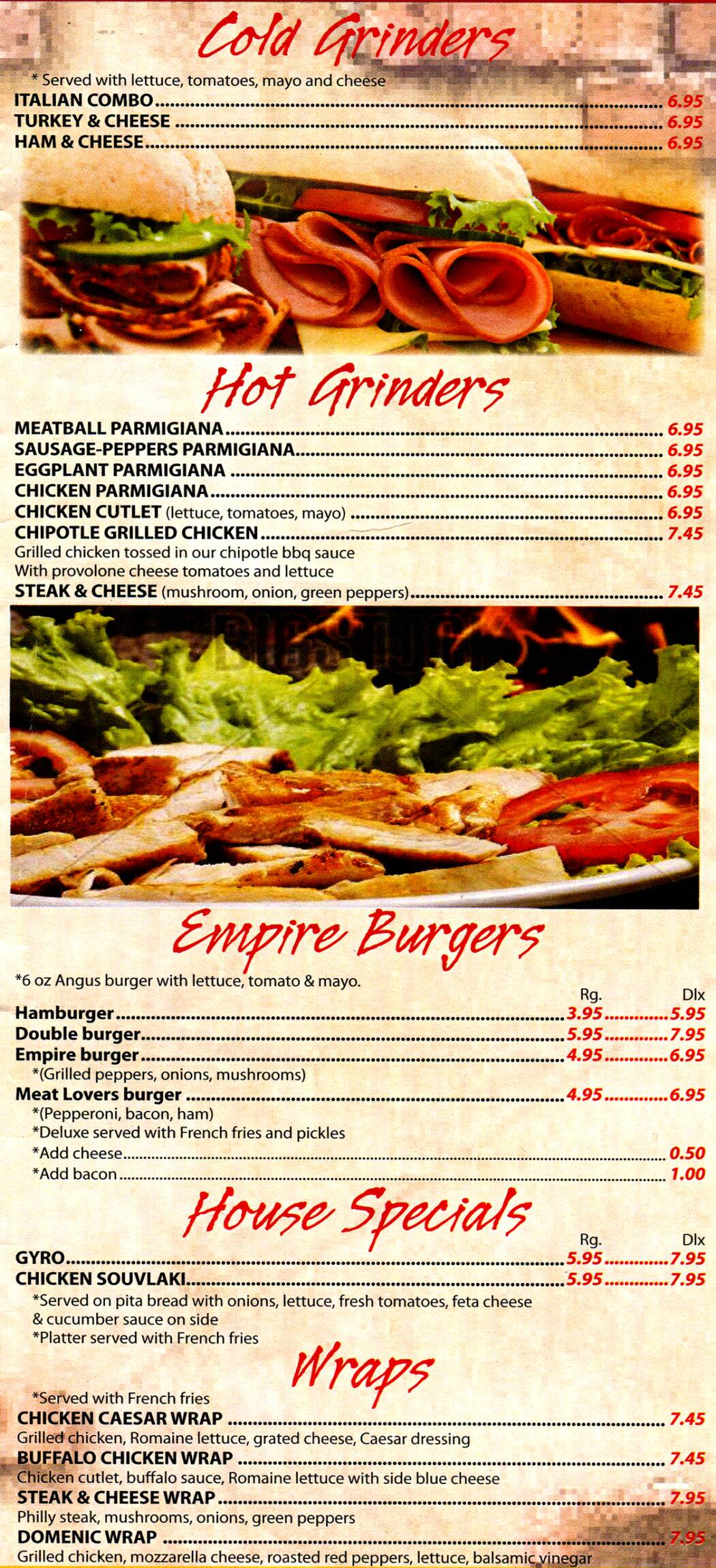 Grinders, burgers, house specials and wraps on the menu at Empire Pizza, Plainville, CT