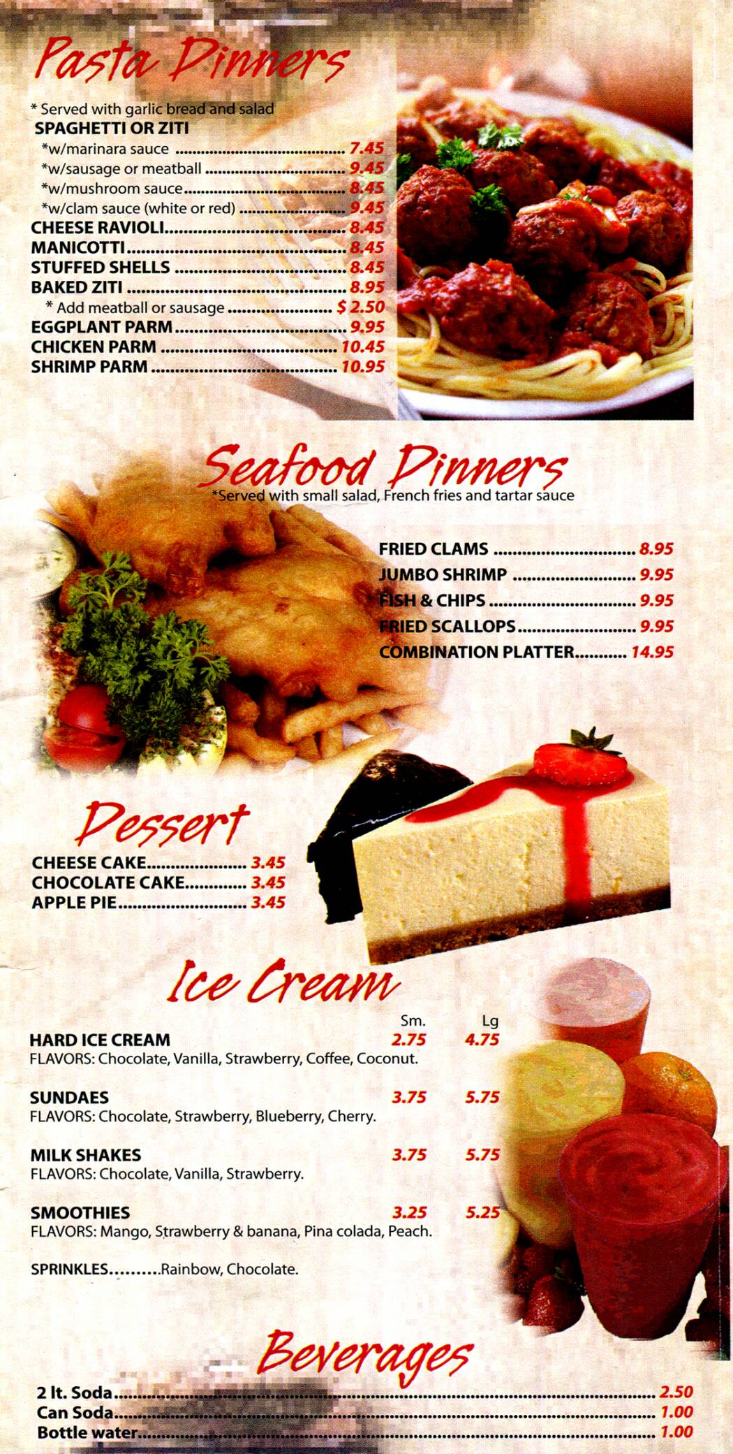 The Empire Pizza menu includes pasta dinners, seafood dinners, ice cream and beverages.